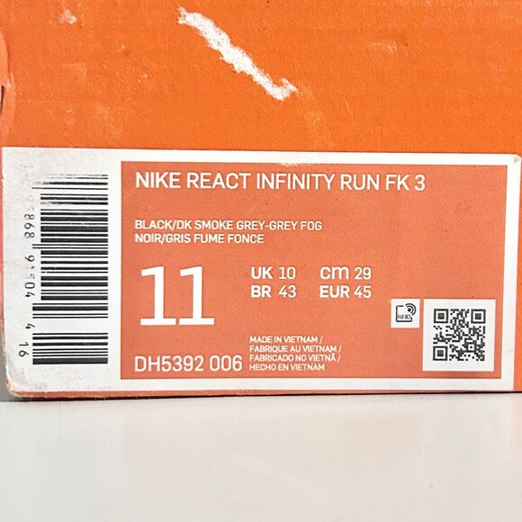 Nike React Infinity Run Flyknit 3 “Black Grey Fog” Men’s Size 11 Running Shoes - Picture 10 of 10
